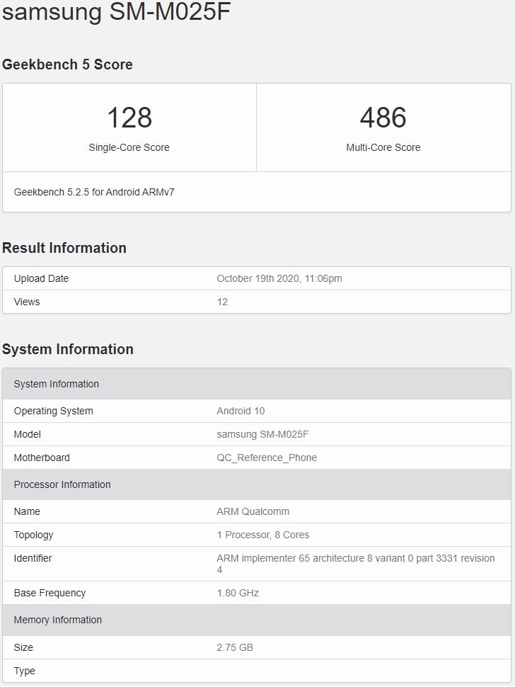 Resultados del Samsung Galaxy M02 en la base de datos de Geekbench.