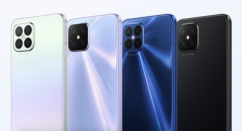 Render oficial del diseño dorsal del Huawei Nova 8 SE en cuatro colores diferentes.