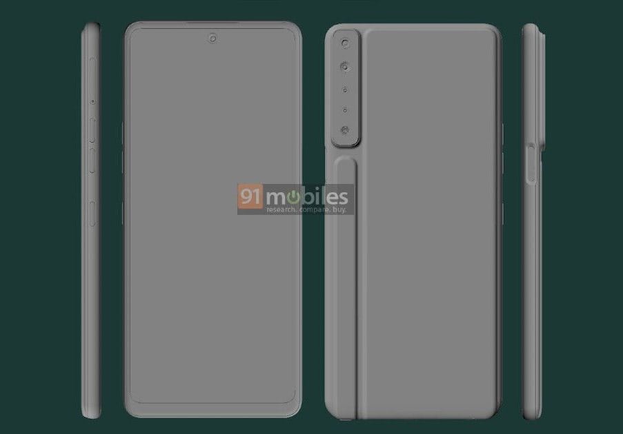 Render CAD del diseño frontal, dorsal y lateral del LG Stylo 7.