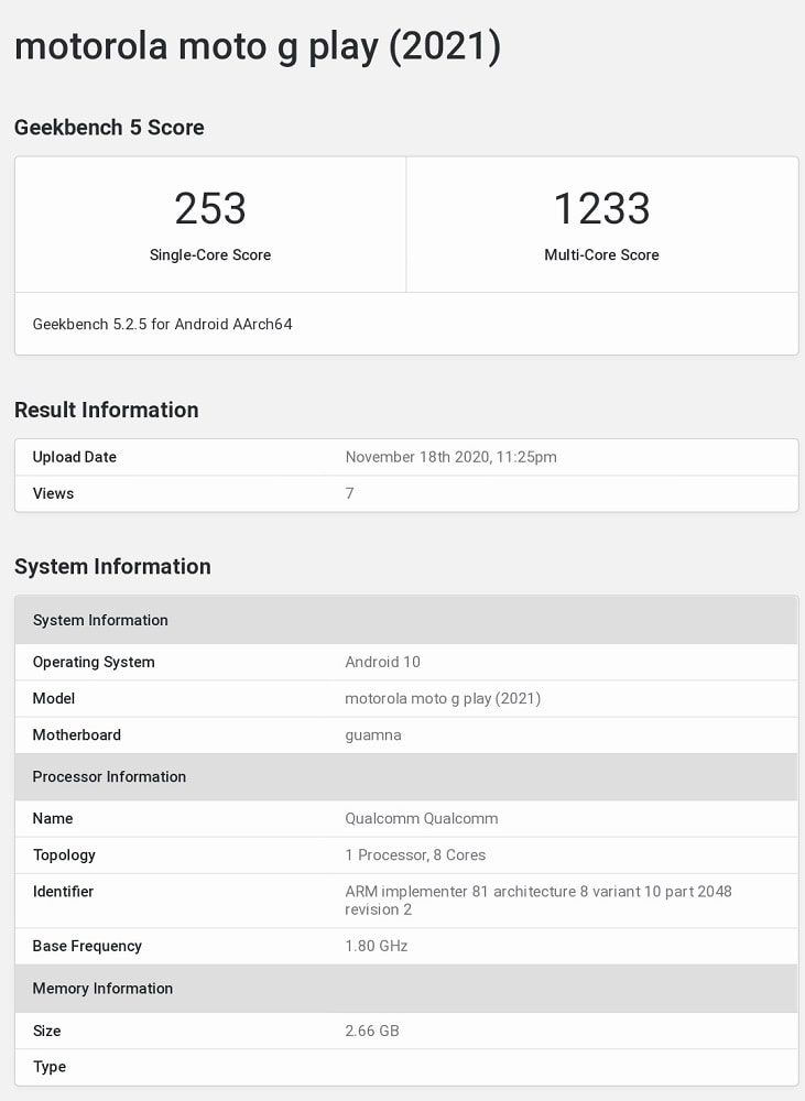 Resultados en la base de datos de Geekbench del Motorola Moto G Play (2021).