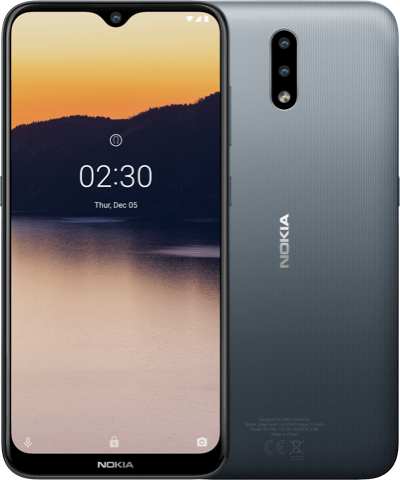 Render oficial del diseño frontal y dorsal del Nokia 23 M. 