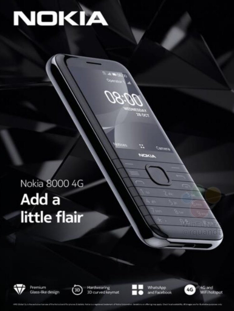 Póster oficial filtrado Nokia 8000 4G con diseño diferente al Nokia 8800.