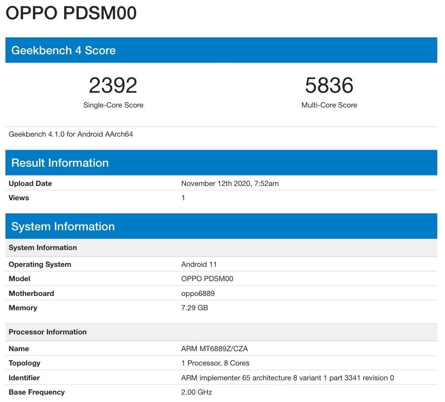 Resultados del benchmark del OPPO Reno5 Pro 5G en Geekbench.