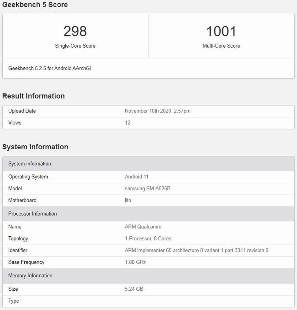 Resultados en Geekbench del benchmark del Samsung Galaxy A52 5G.