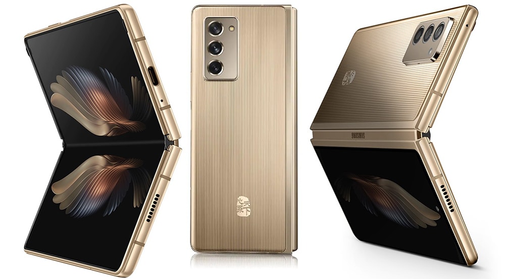 Render oficial del diseño frontal, dorsal y lateral del Samsung W21 5G.