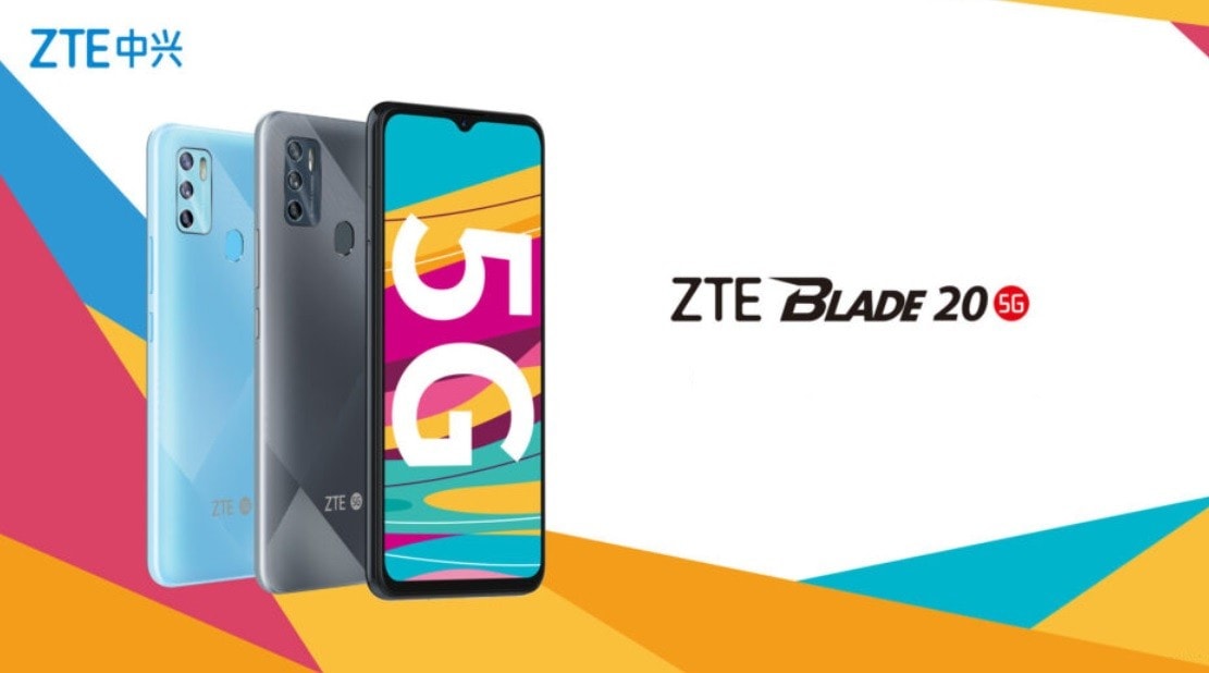 Render publicitario del diseño frontal y dorsal del ZTE Blade 20 5G.
