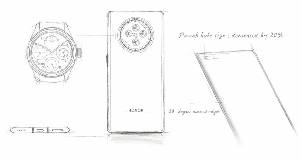 Boceto filtrado del diseño posterior del Honor V40.