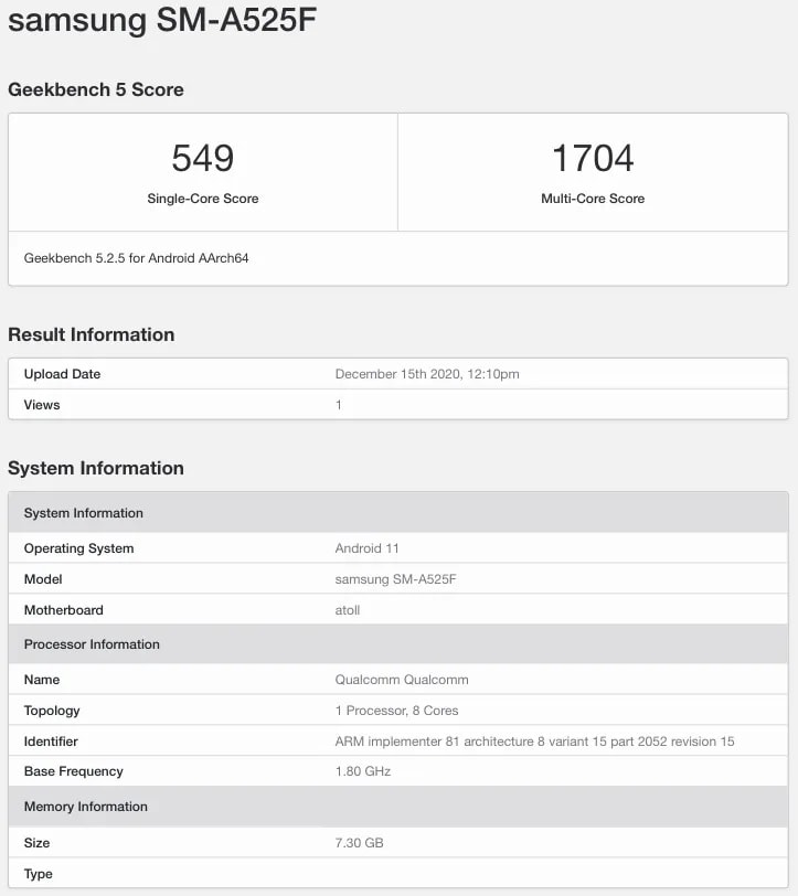 Resultados del benchmark del Samsung Galaxy A52 en la base de datos de Geekbench.