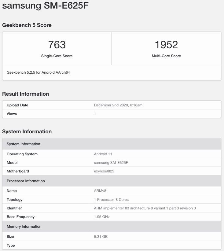 Resultados de la prueba de rendimiento del Samsung Galaxy F62 en Geekbench.