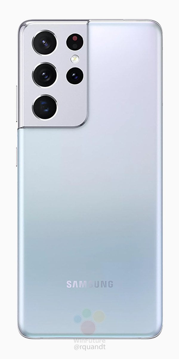 Render filtrado del diseño dorsal del Samsung Galaxy S21 Ultra color plataeado.