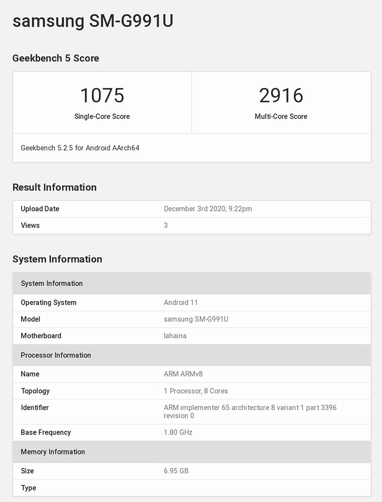 Resultados de las pruebas de rendimiento del Samsung Galaxy S21 en Geekbench.