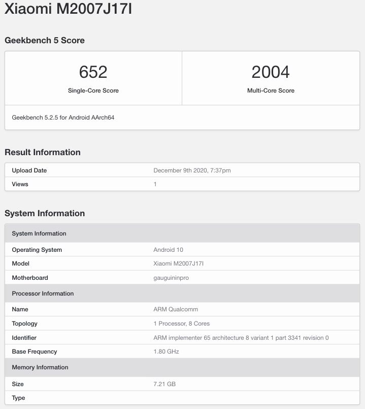 Resultados de las pruebas de rendimiento del Xiaomi Mi 10i en Geekbench.
