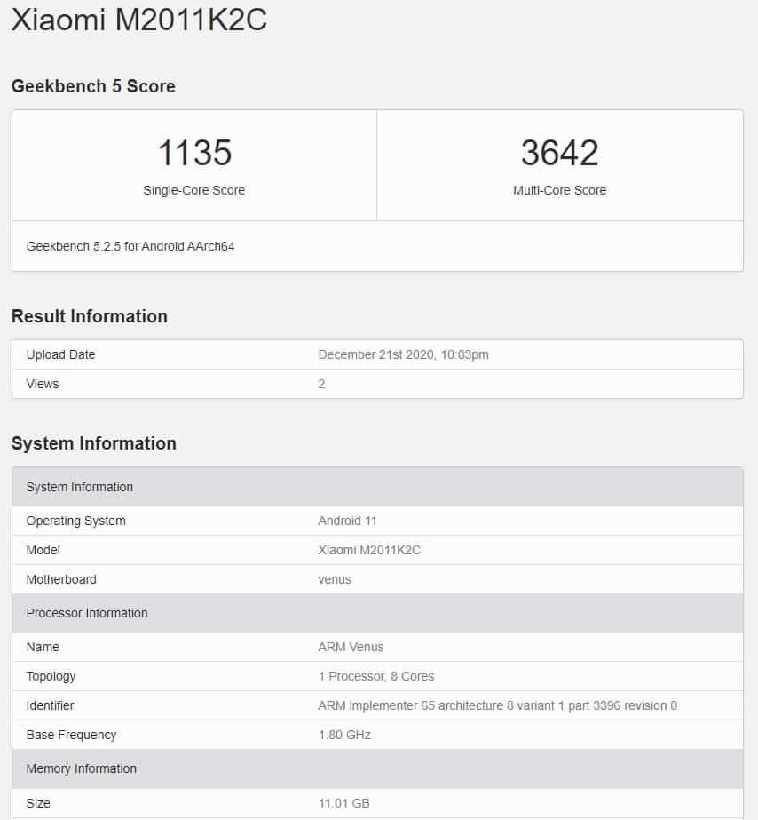 Resultados de las pruebas de rendimiento del Xiaomi Mi 11 en Geekbench.