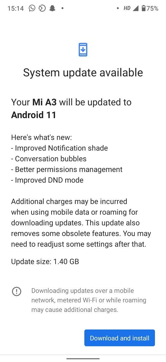 Captura de pantalla del detalle de actualización a Android 11 del Xiaomi Mi A3.