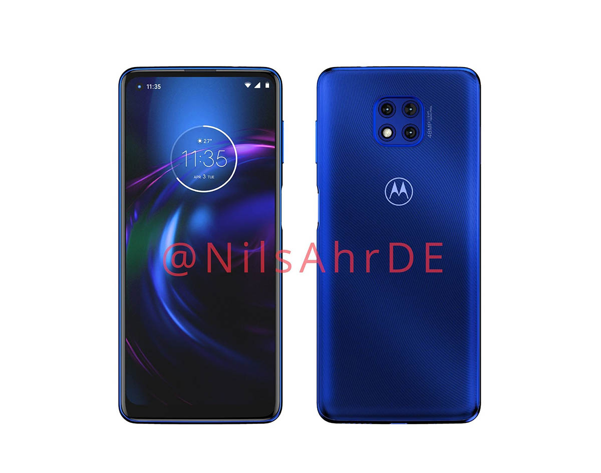 Render filtrado del diseño frontal y dorsal del Motorola Moto G Power 2021.