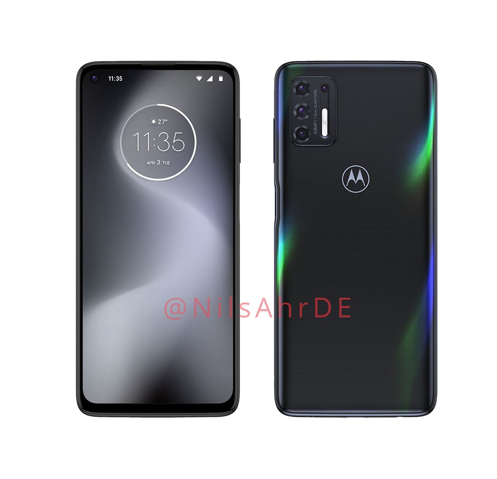 Render filtrado del diseño frontal y dorsal del Motorola Moto G Stylus 2021 según Nils Ahrensmeier.