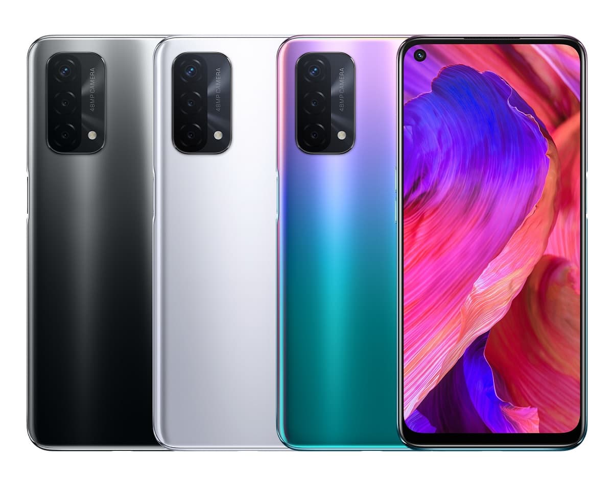 Render oficial del diseño frontal y dorsal del OPPO A93 en tres colores.