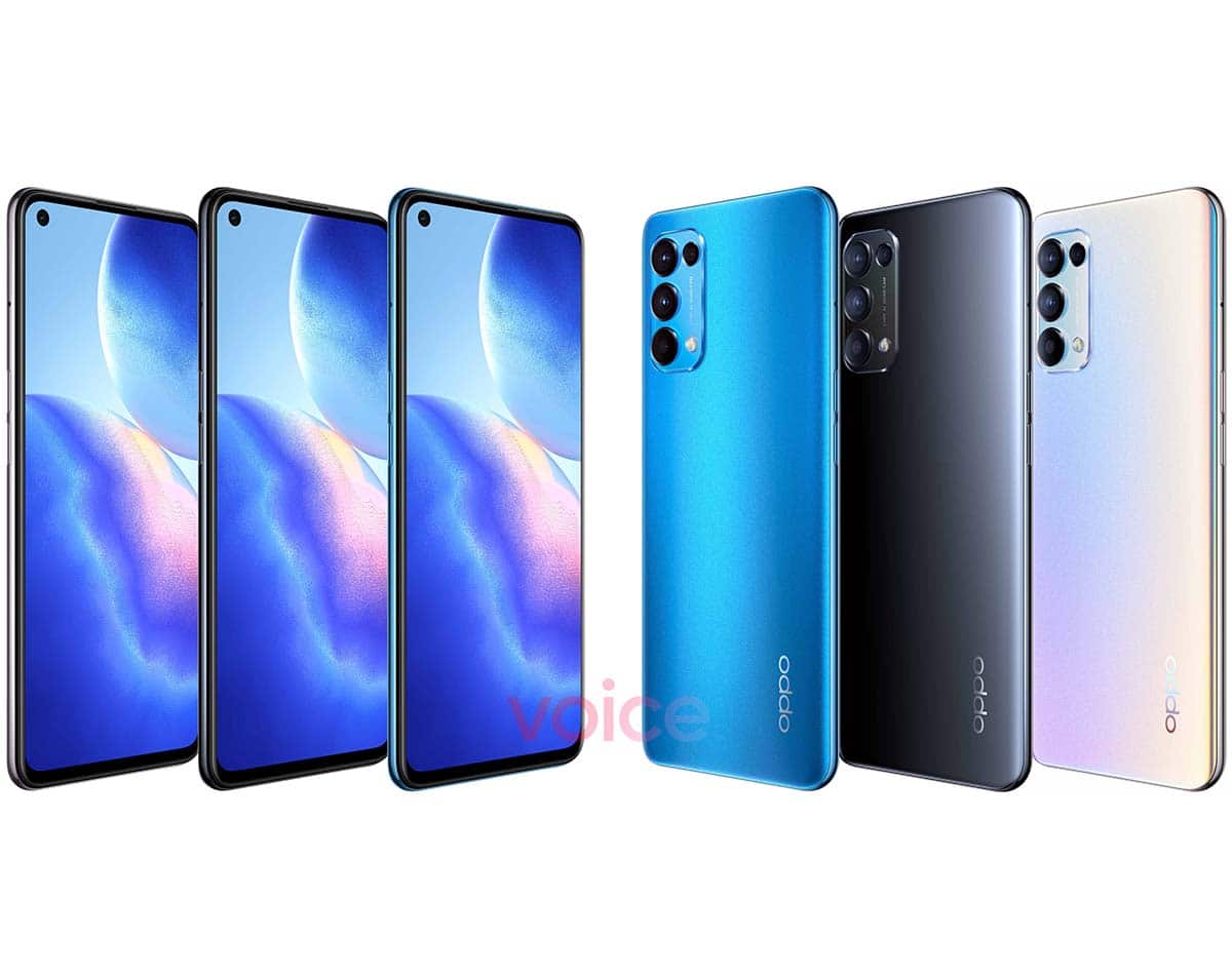 Render filtrado del diseño frontal y dorsal del OPPO Find X3 Lite en tres colores.
