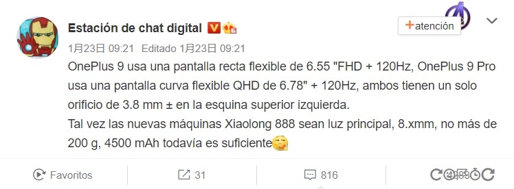 Características filtradas por Digital Chat Station de los OnePlus 9 y 9 Pro.