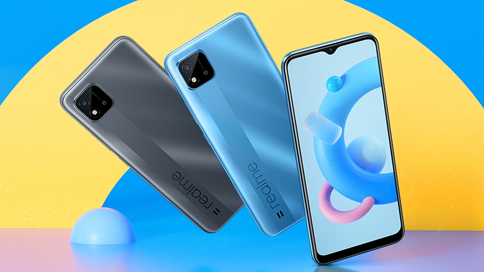 Render oficial del diseño frontal y dorsal del Realme C20.