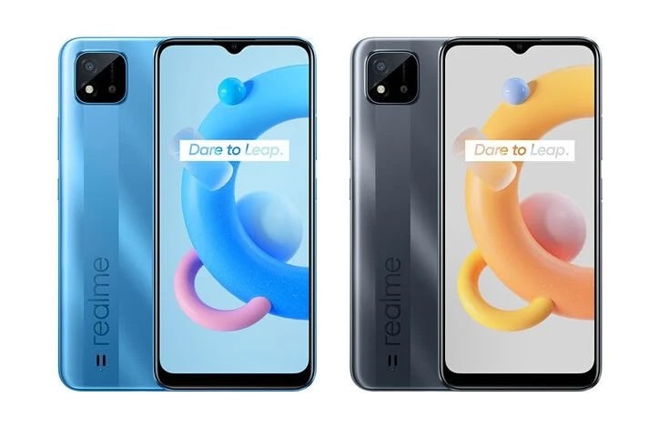 Render filtrado del diseño frontal y dorsal del Realme C20 en dos colores.