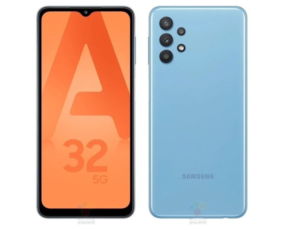 Render oficial filtrado del diseño frontal y dorsal del Samsung Galaxy A32 5G.