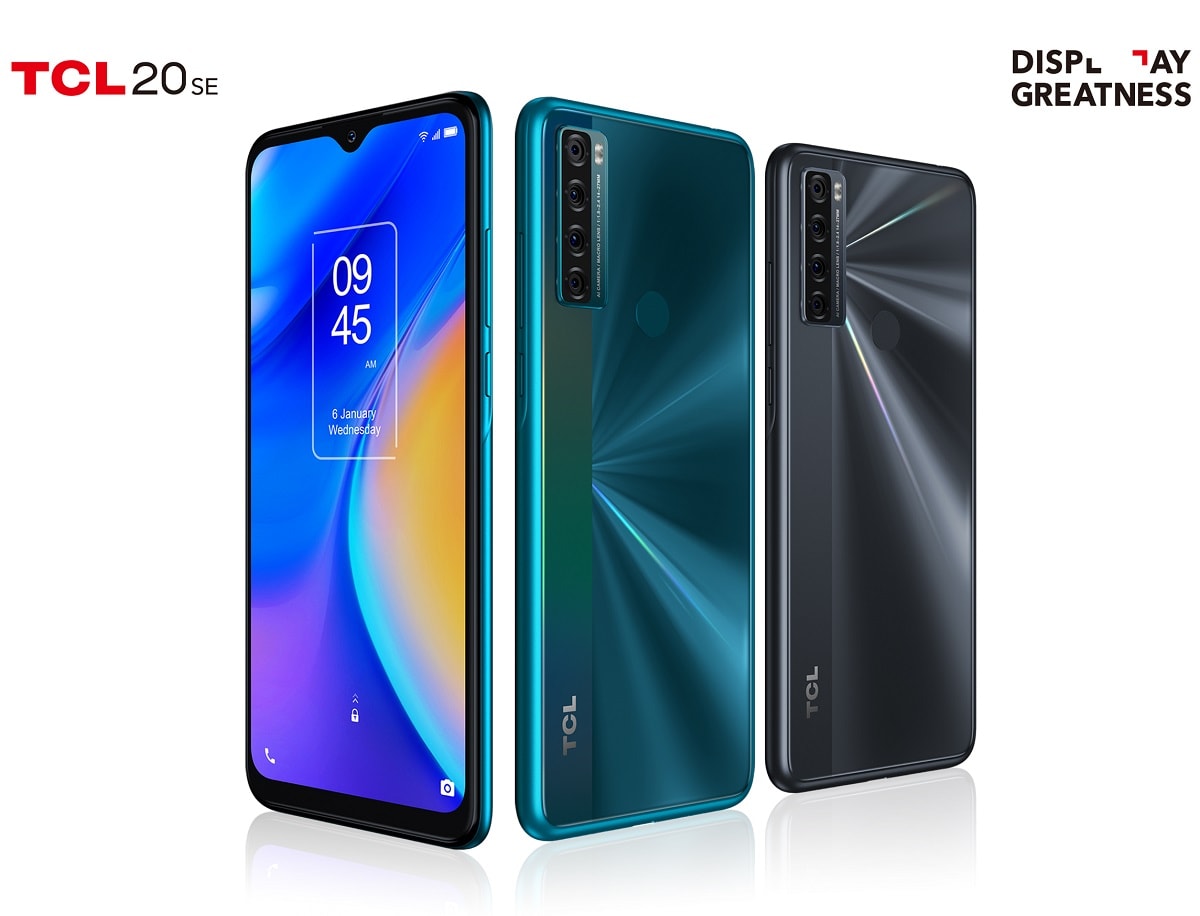 Render oficial del diseño frontal y dorsal del TCL 20 SE.