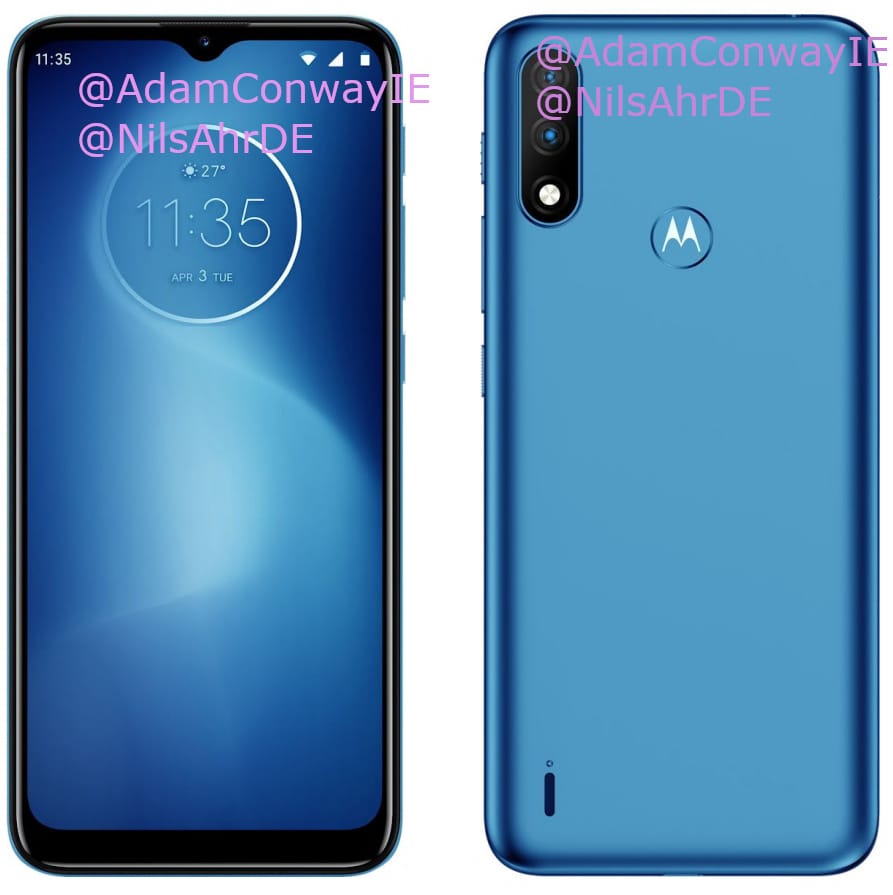 Render filtrado del diseño frontal y dorsal del Motorola Moto E7 Power.