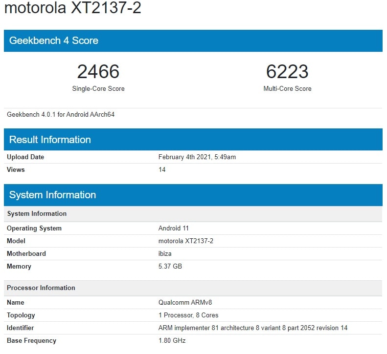 Resultados de la prueba de rendimiento del Motorola Ibiza en Geekbench 4.