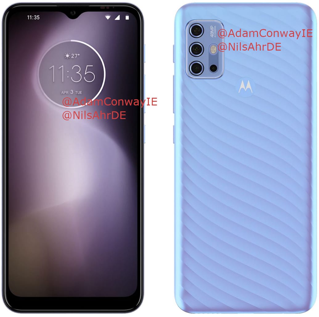 Render filtrado del diseño frontal y dorsal del Motorola Moto G10.