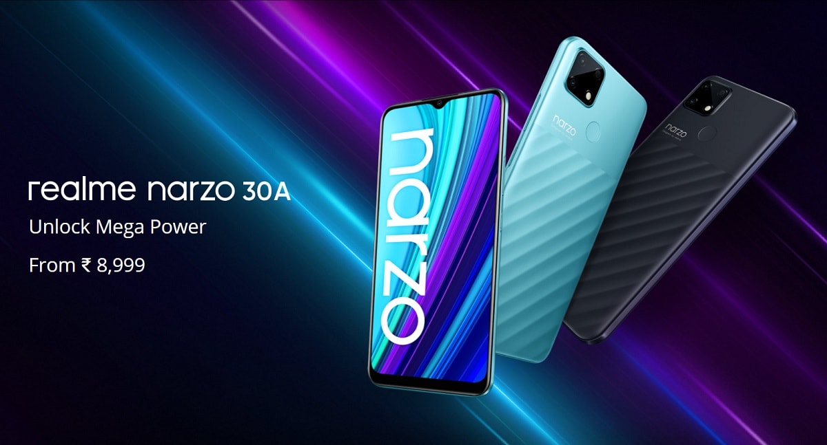 Render promocional del OPPO Realme Narzo 30A en dos colores.
