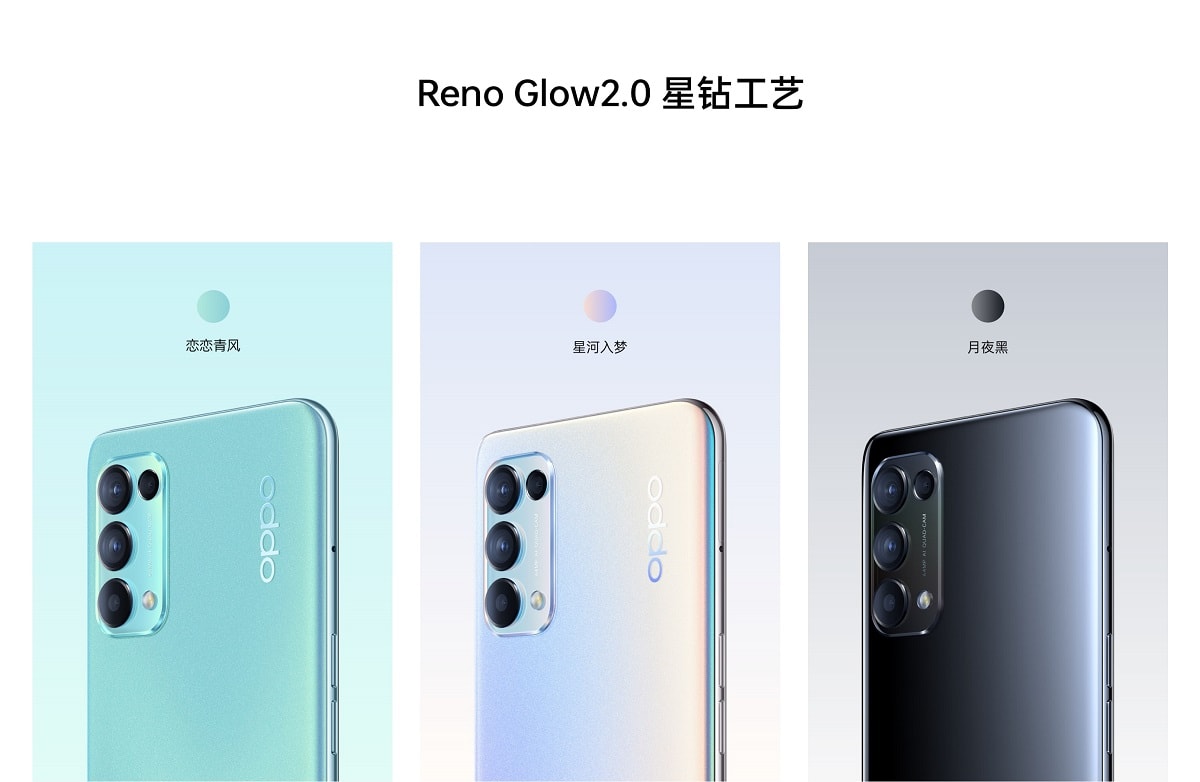 Render promocional de los tres colores del OPPO Reno5 K.