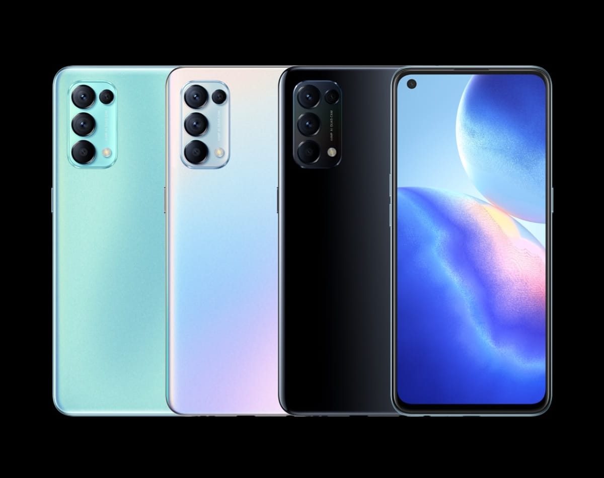 Render oficial del diseño frontal y dorsal del OPPO Reno5 K.