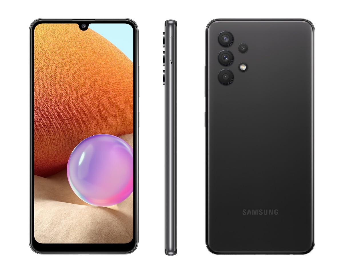Render oficial el diseño frontal, dorsal y lateral del Samsung Galaxy A32 4G.