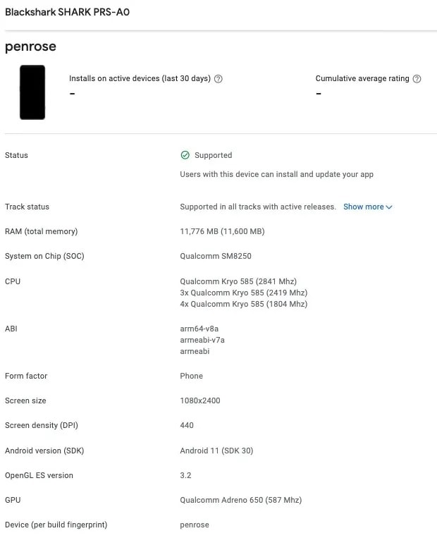 Características del Xiaomi Black Shark 4 Pro según Google Play Console.