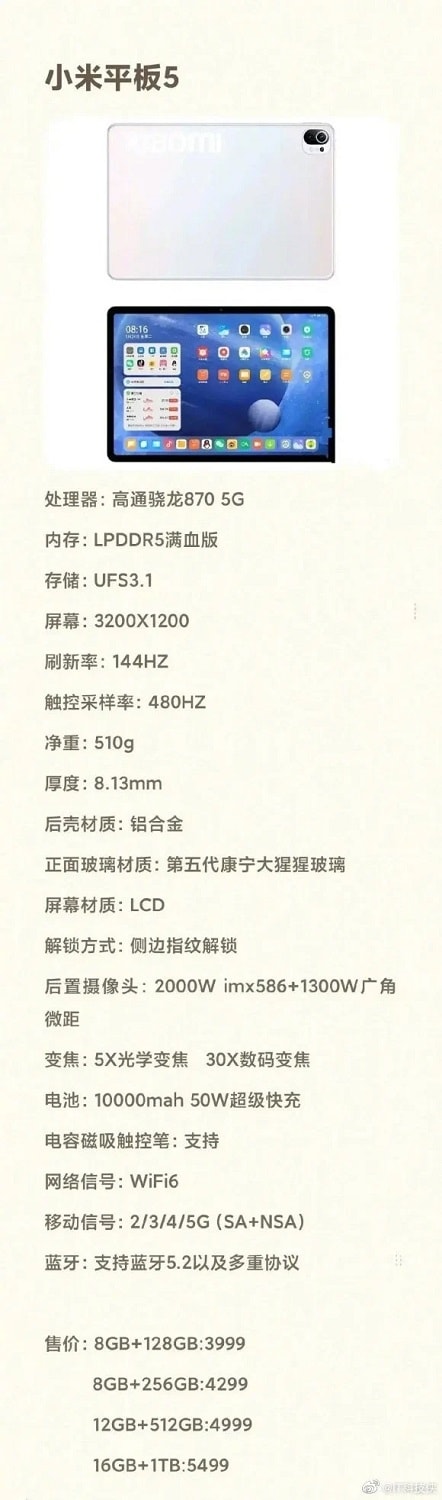 Infografía filtrada del Xiaomi Mi Pad 5 con características y diseño.