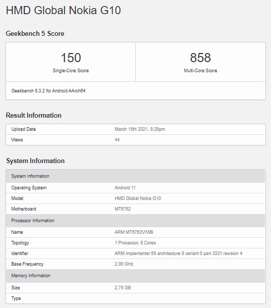 Resultados en Geekbench de la prueba de rendimiento del Nokia G10.