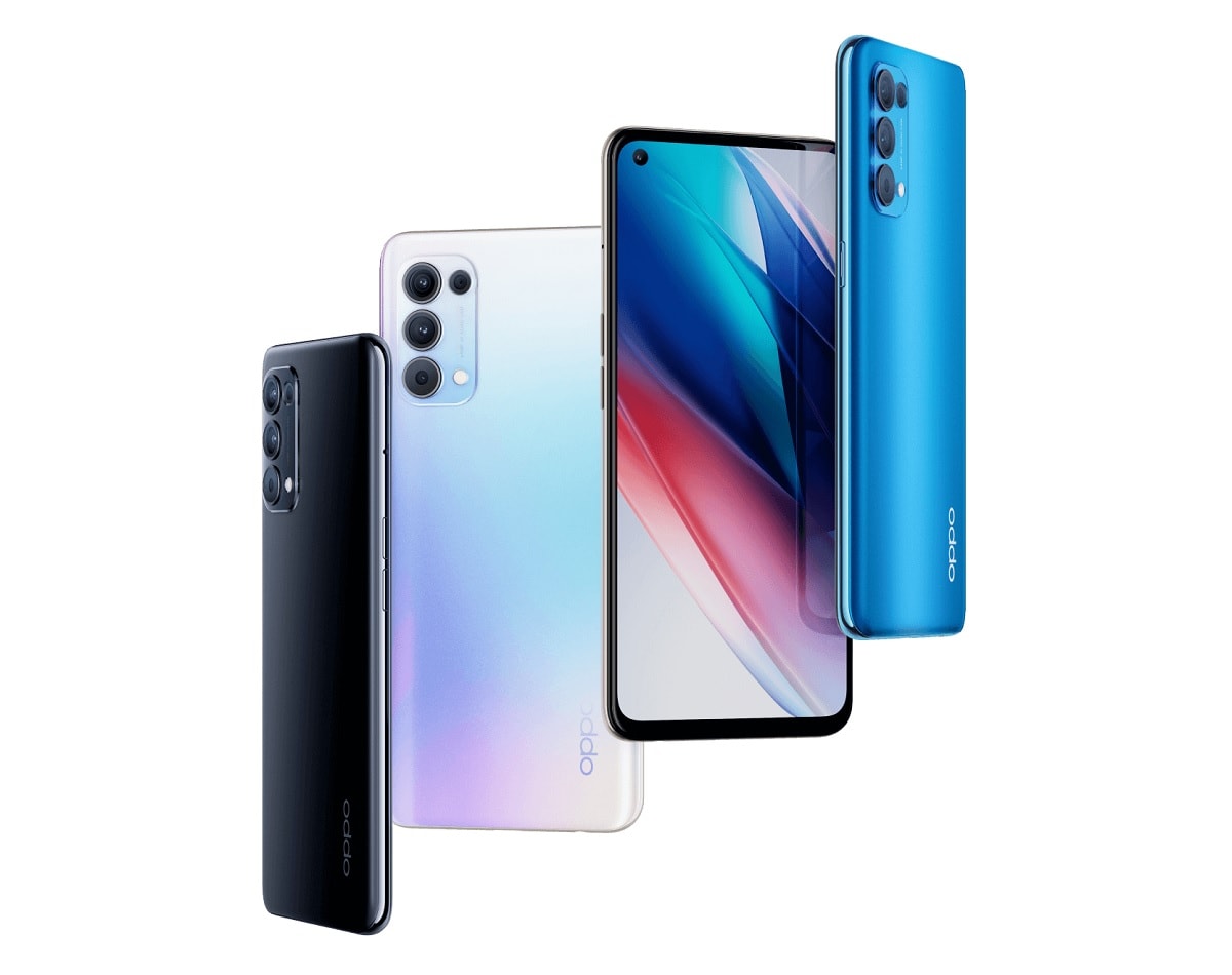 Render oficial del diseño frontal, dorsal y lateral del OPPO Find X3 Lite.