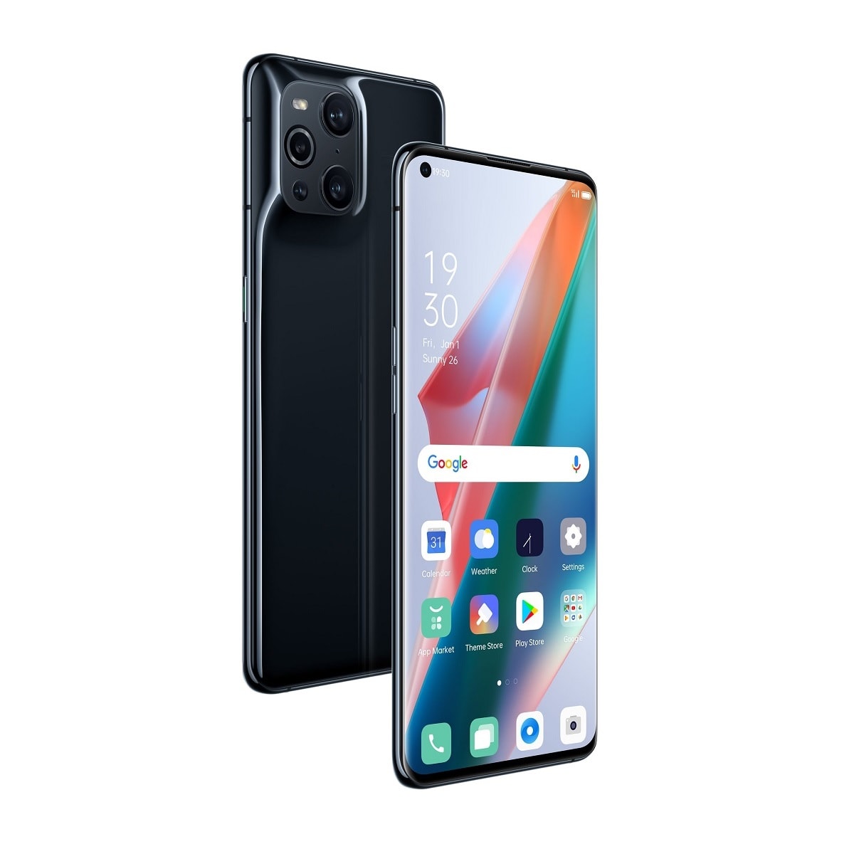 Render oficial del diseño frontal, dorsal y lateral del OPPO Find X3 Pro.