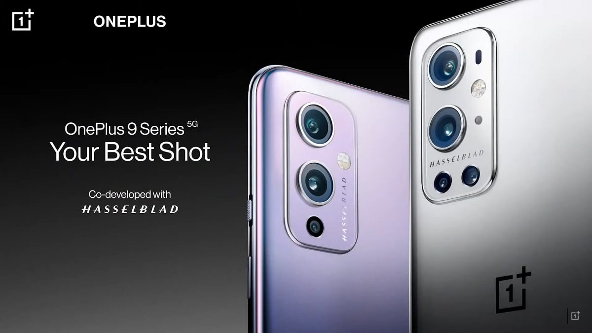 Render promocional de la serie OnePlus 9 con cámaras de Hasselblad.