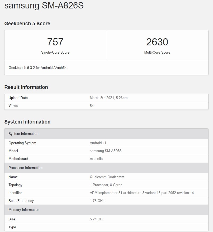Resultados de la prueba de rendimiento del Samsung Galaxy A82 5G en Geekbench.