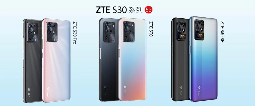 Render promocional de los colores y diseños dorsales de los ZTE S30 Pro, S30 y S30 SE.