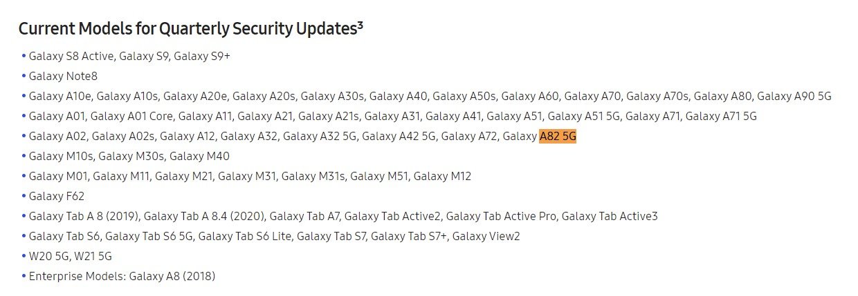 Samsung Galaxy A82 5G en página de actualizaciones