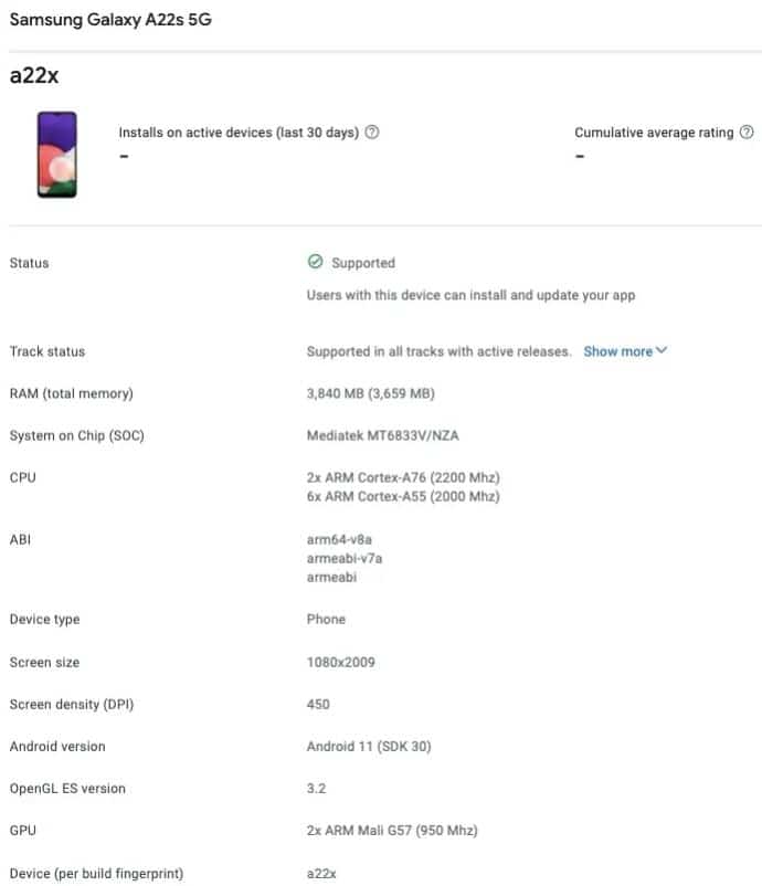 Samsung Galaxy A22s 5G en Google Play Console