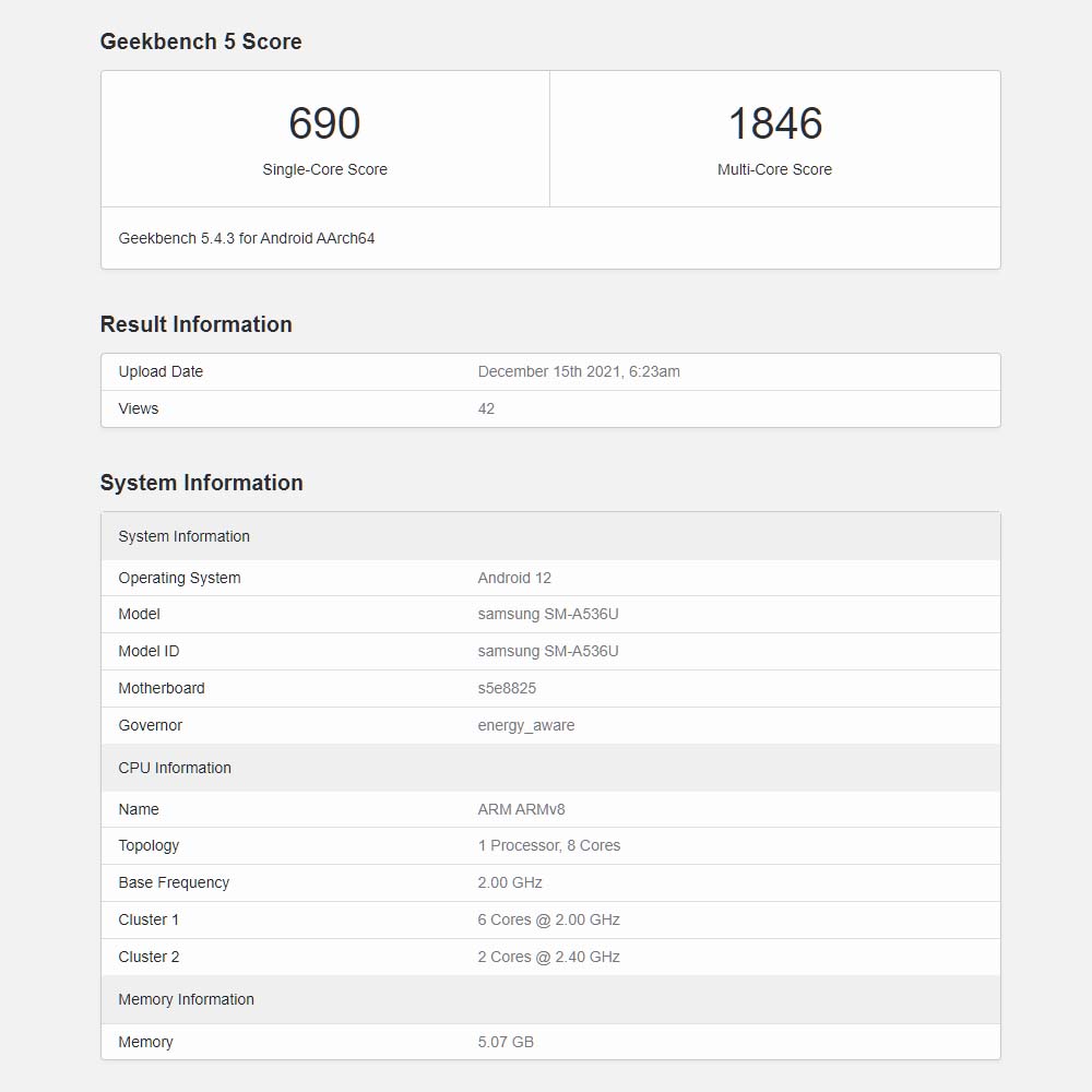Samsung Galaxy A53 5G en Geekbench