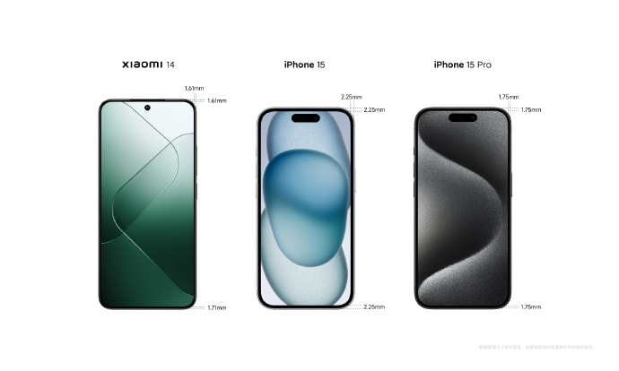 Comparación de bordes del Xiaomi 14 vs iPhone 15 vs iPhone 15 Pro
