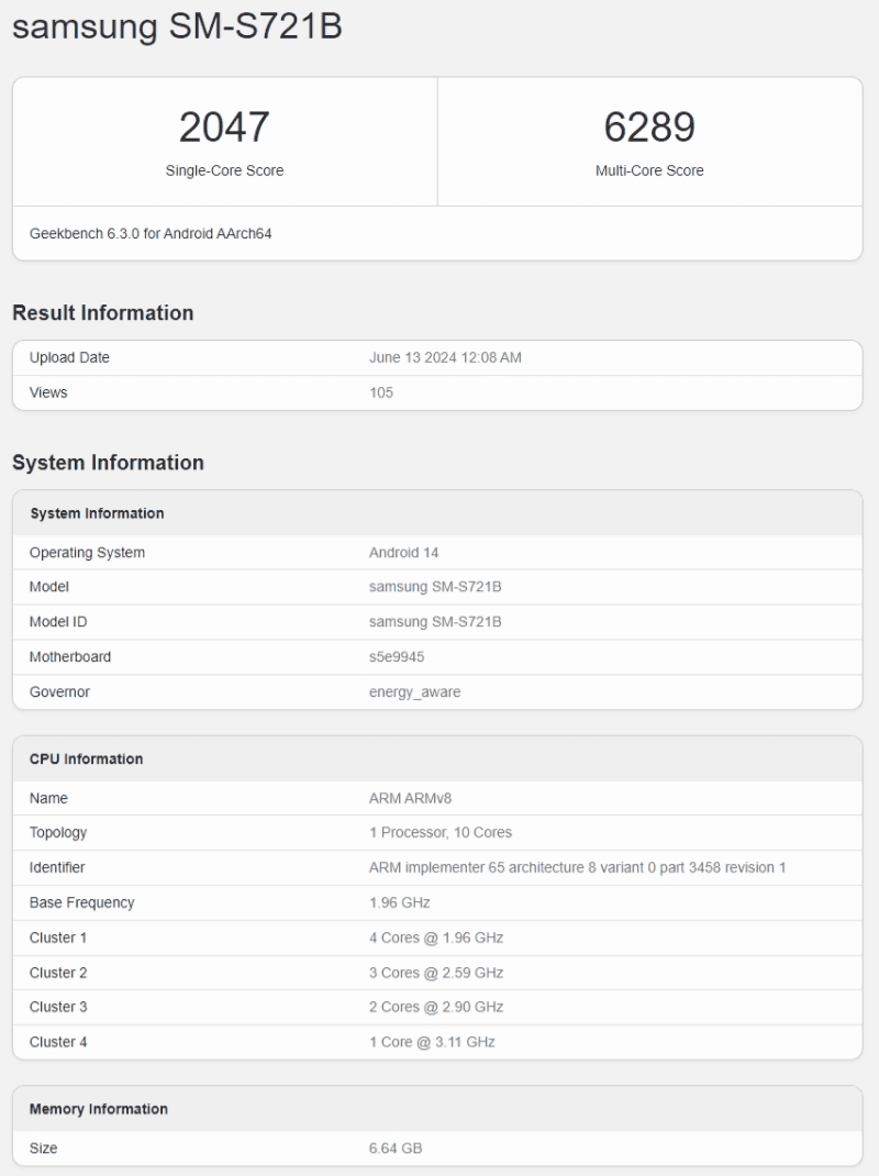 Galaxy S24 FE en Geekbench con Exynos 2400