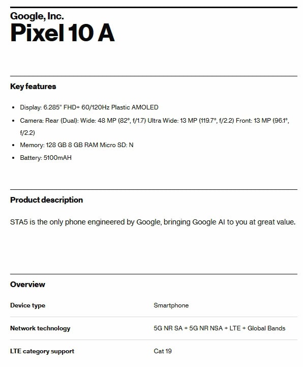Pixel 10a especificaciones